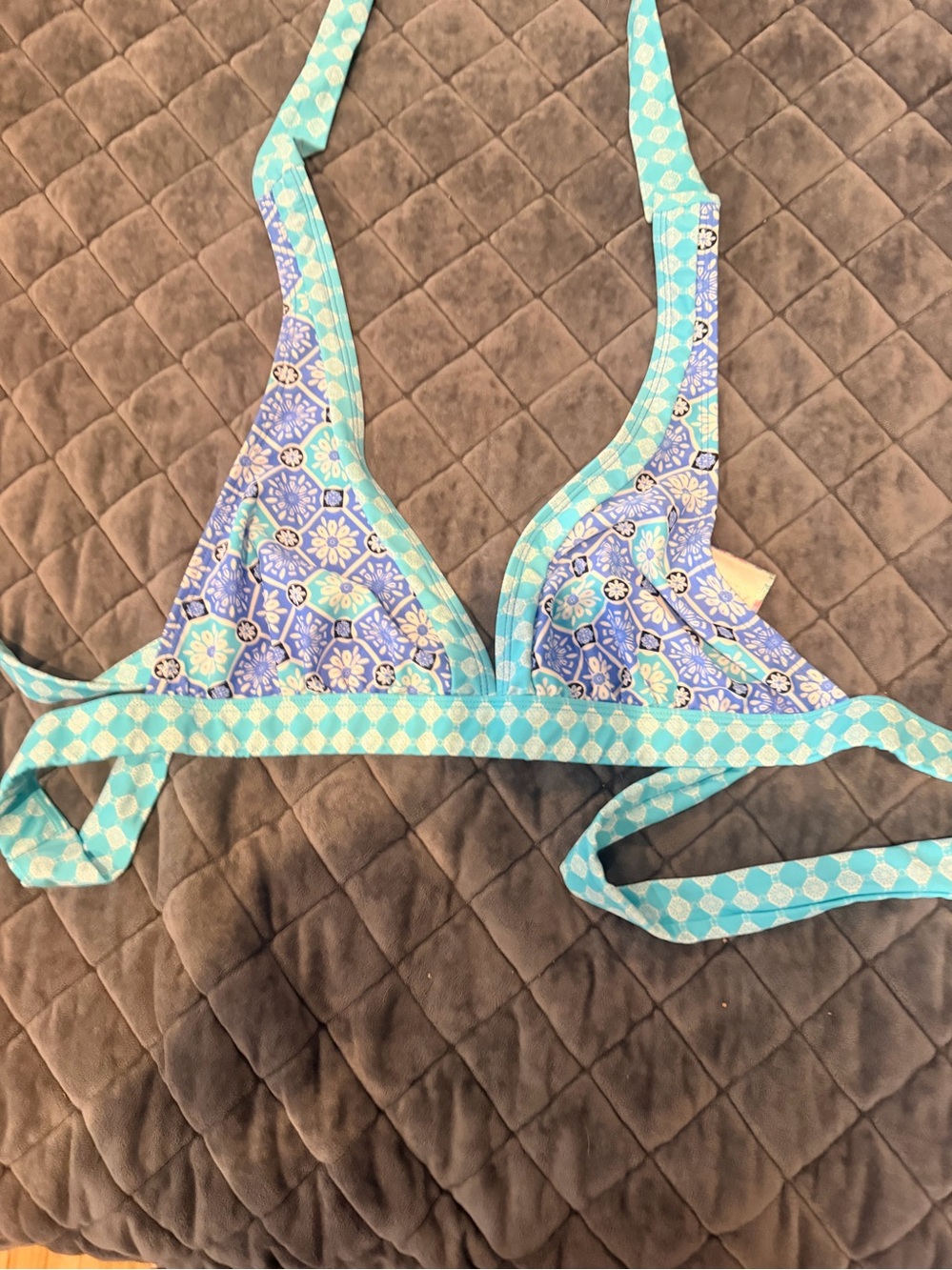 Blue Floral Triangle Bikini Top with Aqua Trim - Women Swim